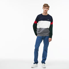 Men's Crew Neck Colorblock Flat Ribbed Cotton Sweater / Lacoste