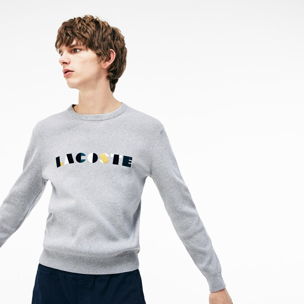 Men's Crew Neck Lettering Ribbed Pima Cotton Sweater / Lacoste