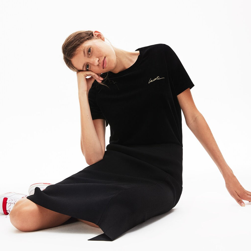 Women's LIVE Crewneck Golden Signature Velvet T-Shirt / Lacoste