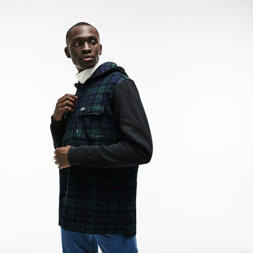 Men's Regular Fit Hooded Check Cotton Flannel Shirt / Lacoste