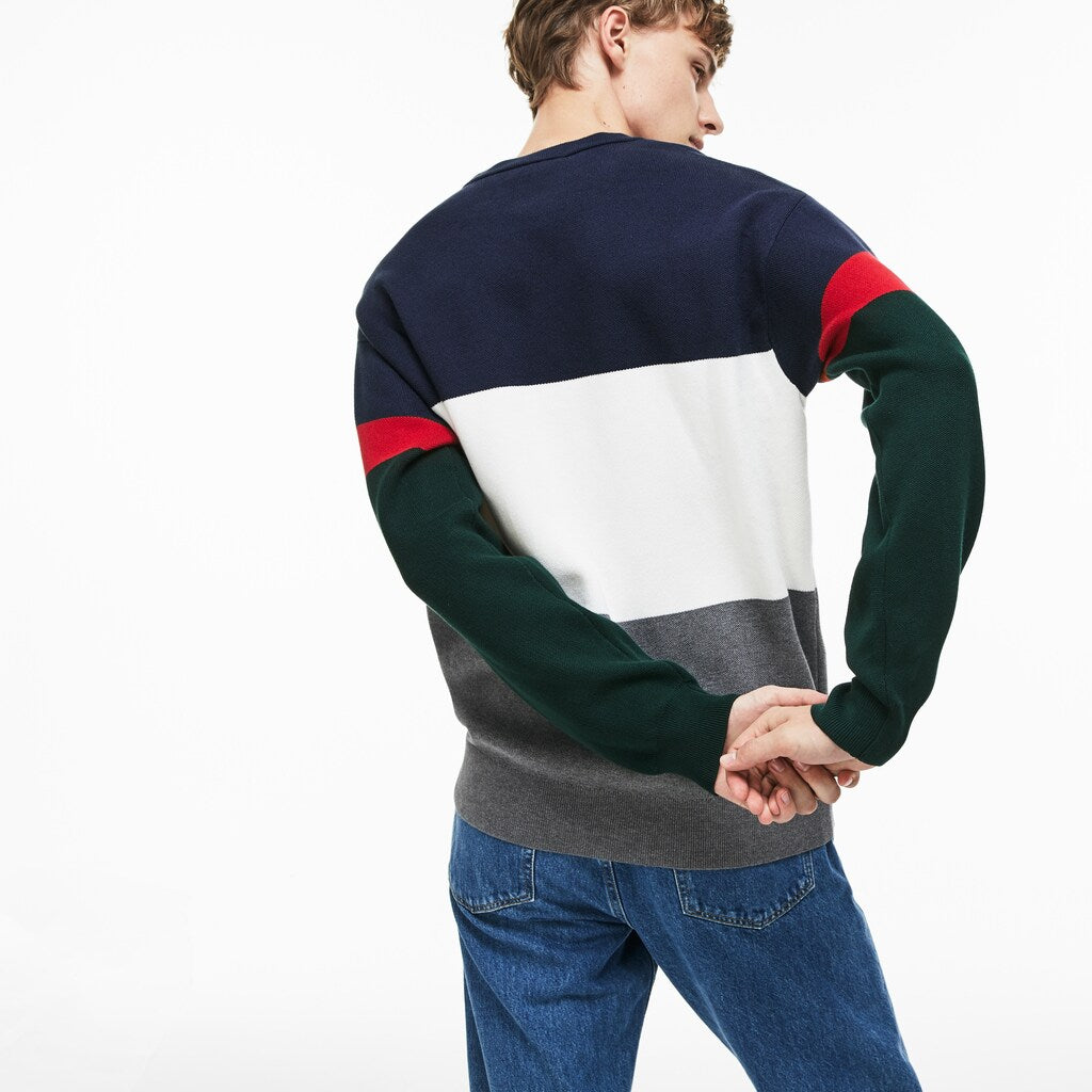 Men's Crew Neck Colorblock Flat Ribbed Cotton Sweater / Lacoste