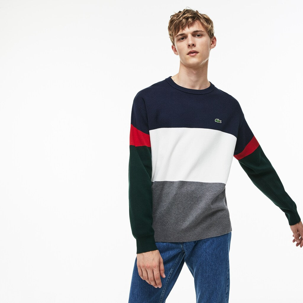 Men's Crew Neck Colorblock Flat Ribbed Cotton Sweater / Lacoste