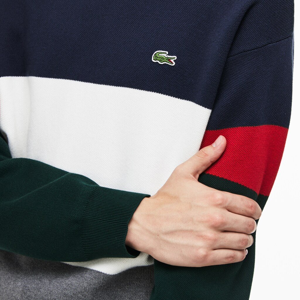 Men's Crew Neck Colorblock Flat Ribbed Cotton Sweater / Lacoste