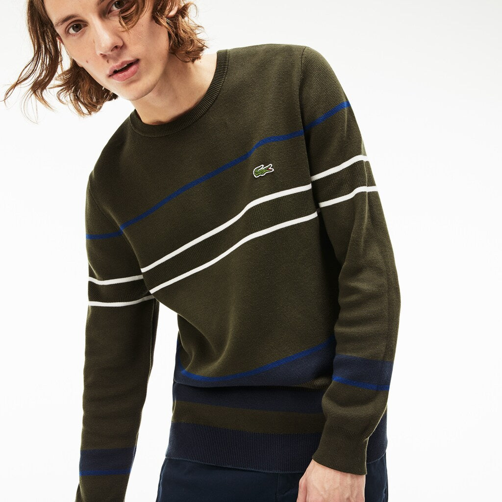 Men's Crew Neck Multicolor Striped Milano Cotton Sweater / Lacoste