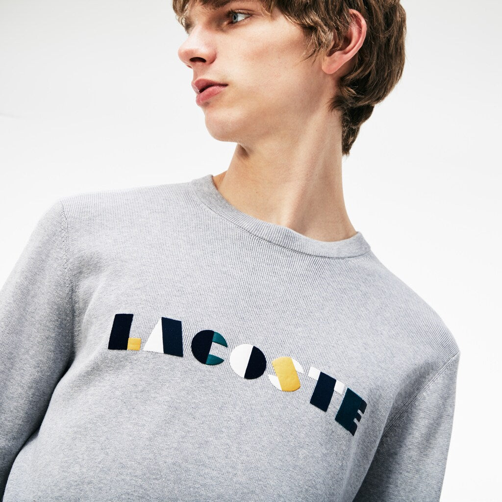 Men's Crew Neck Lettering Ribbed Pima Cotton Sweater / Lacoste