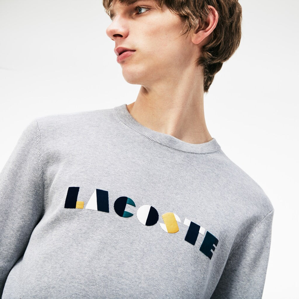 Men's Crew Neck Lettering Ribbed Pima Cotton Sweater / Lacoste