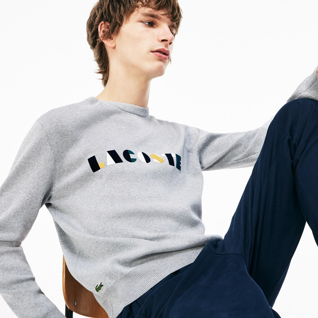 Men's Crew Neck Lettering Ribbed Pima Cotton Sweater / Lacoste