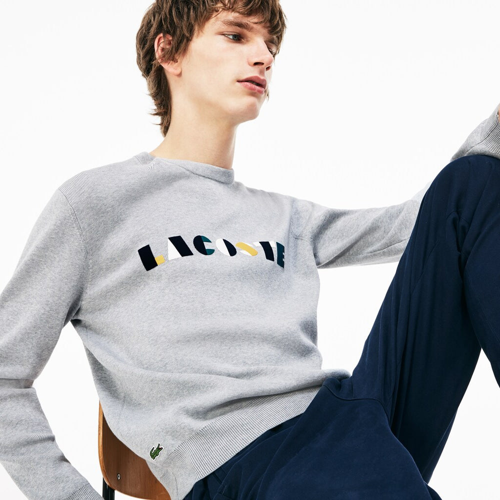 Men's Crew Neck Lettering Ribbed Pima Cotton Sweater / Lacoste