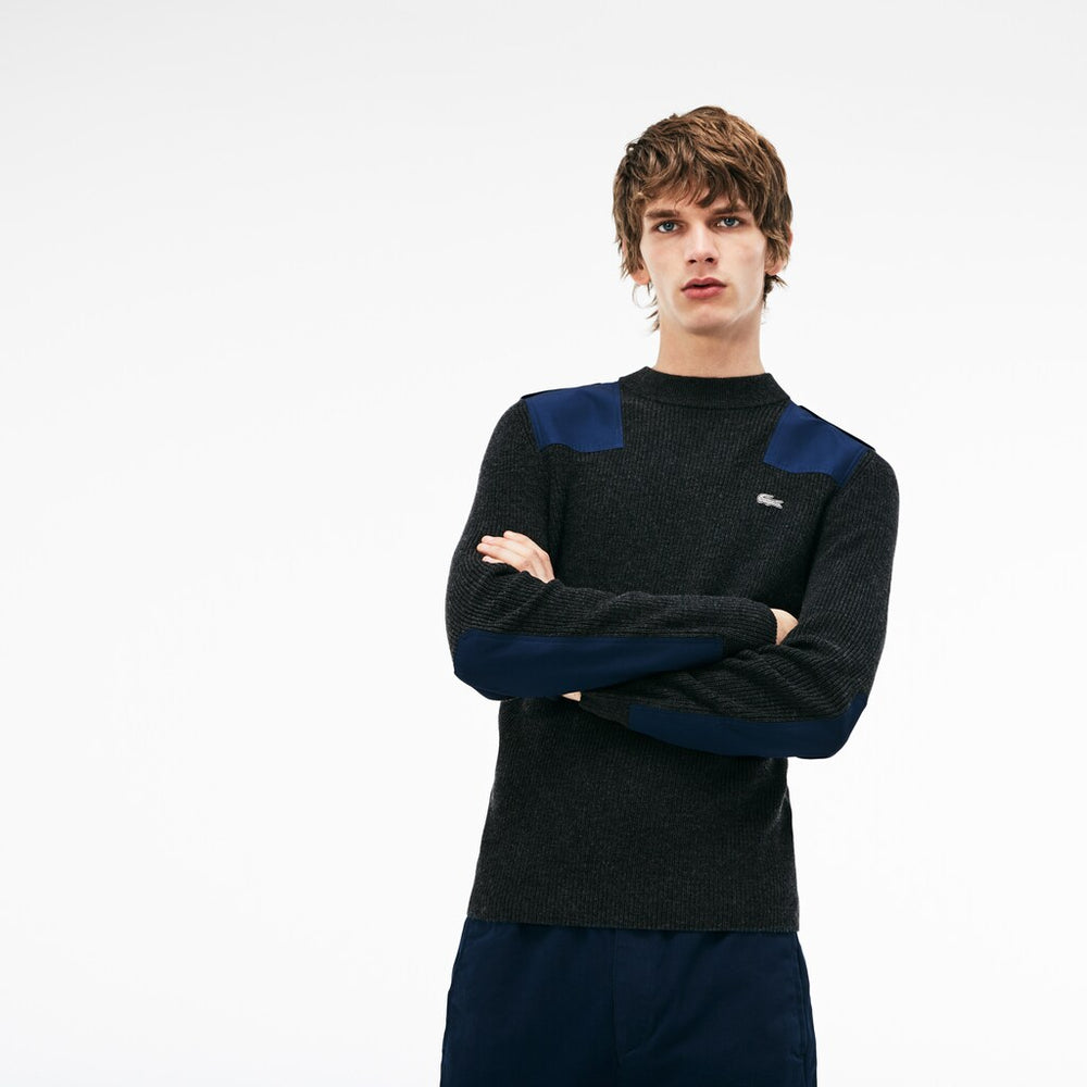 Men's Crew Neck Colorblock Ribbed Wool And Cotton Sweater / Lacoste