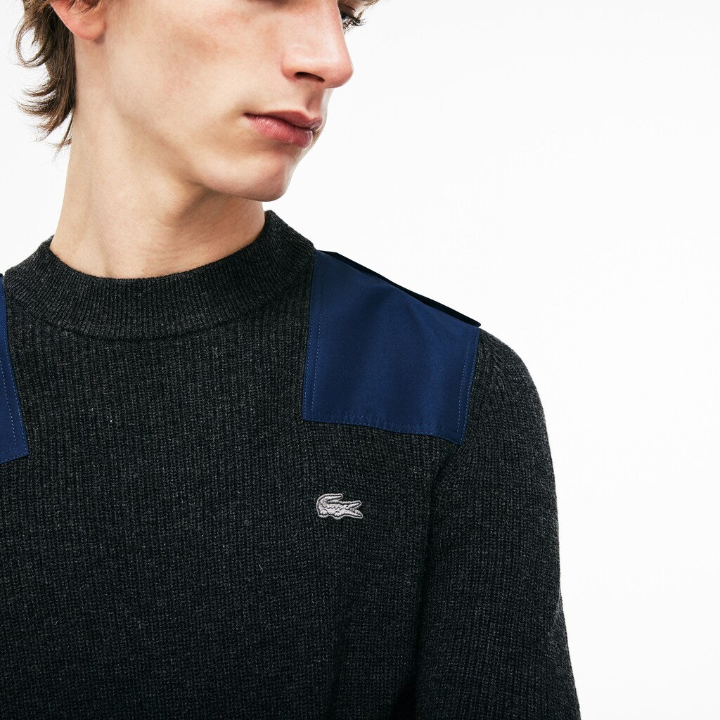 Men's Crew Neck Colorblock Ribbed Wool And Cotton Sweater / Lacoste