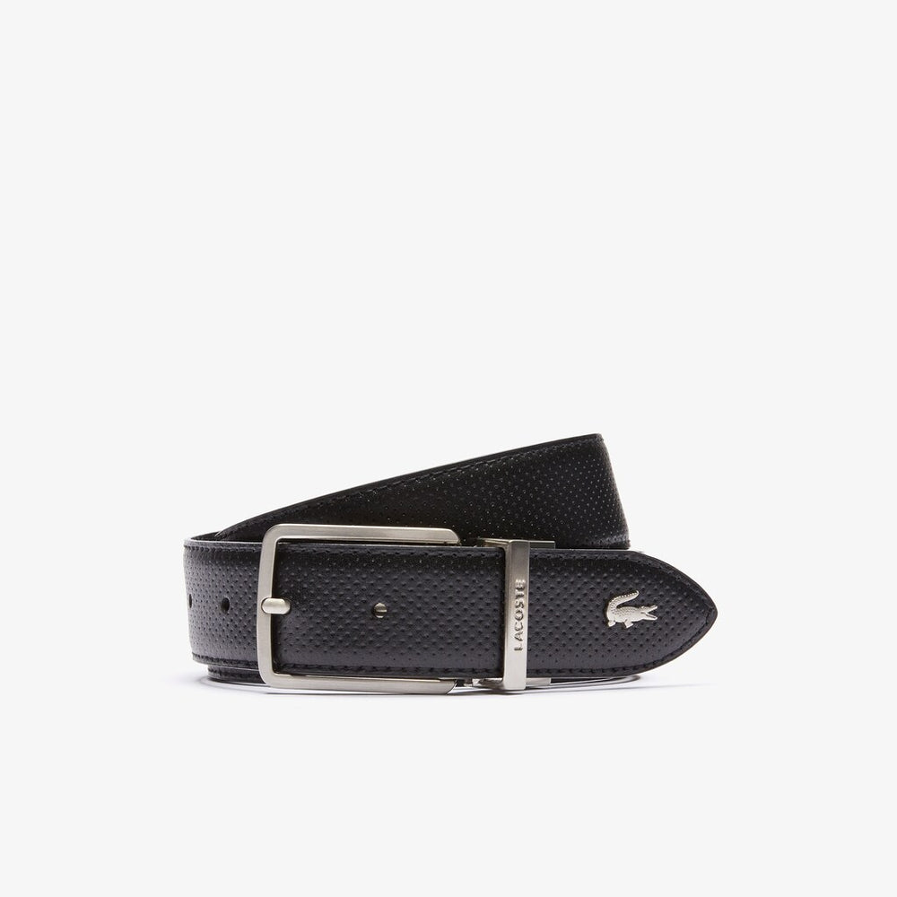 Men's Engraved-Buckle Reversible Piqué Leather Belt / Lacoste
