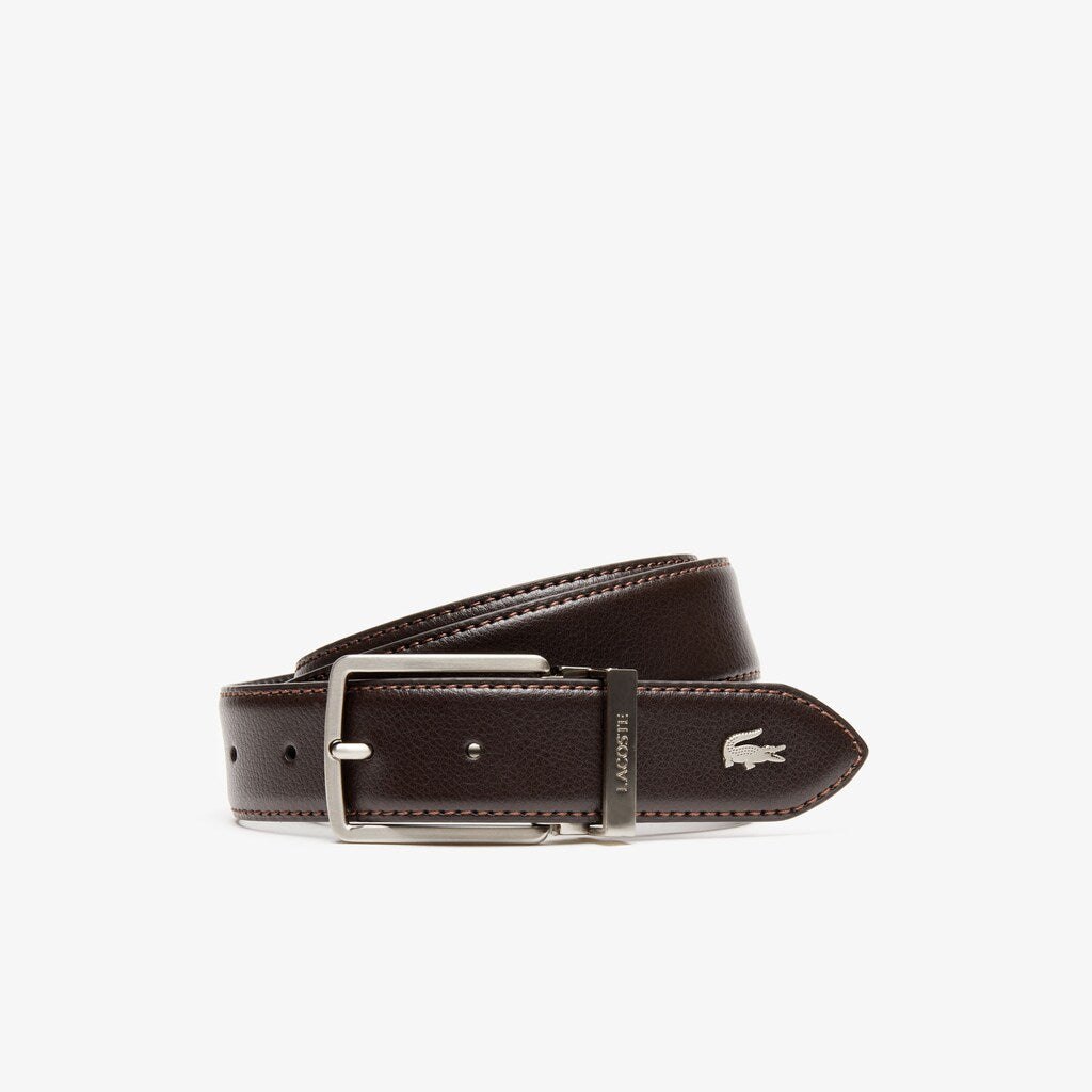 Men's Engraved-Buckle Grained Leather Belt / Lacoste