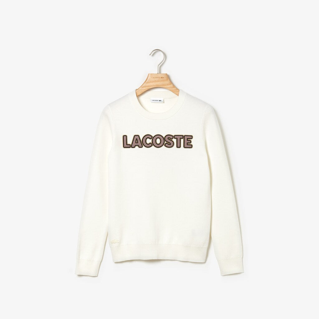 Women's Crewneck Checkerd-Logo Cotton Sweater / Lacoste