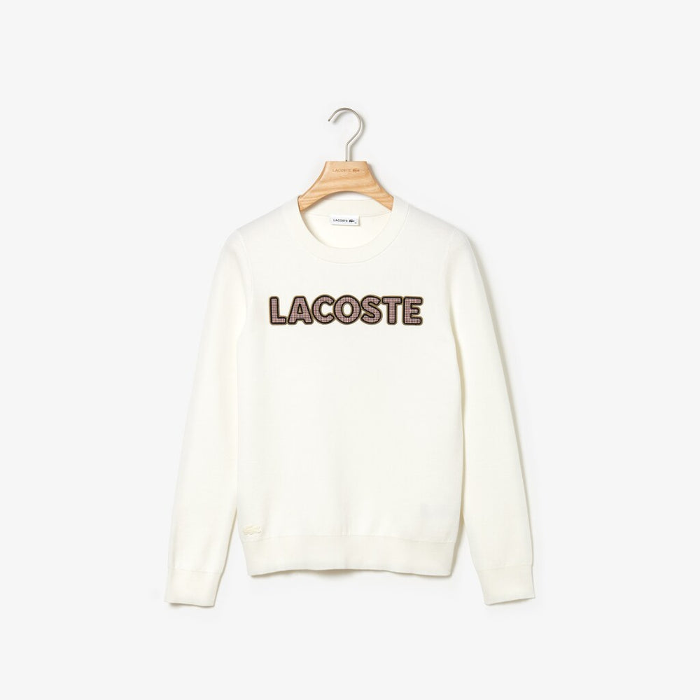 Women's Crewneck Checkerd-Logo Cotton Sweater / Lacoste
