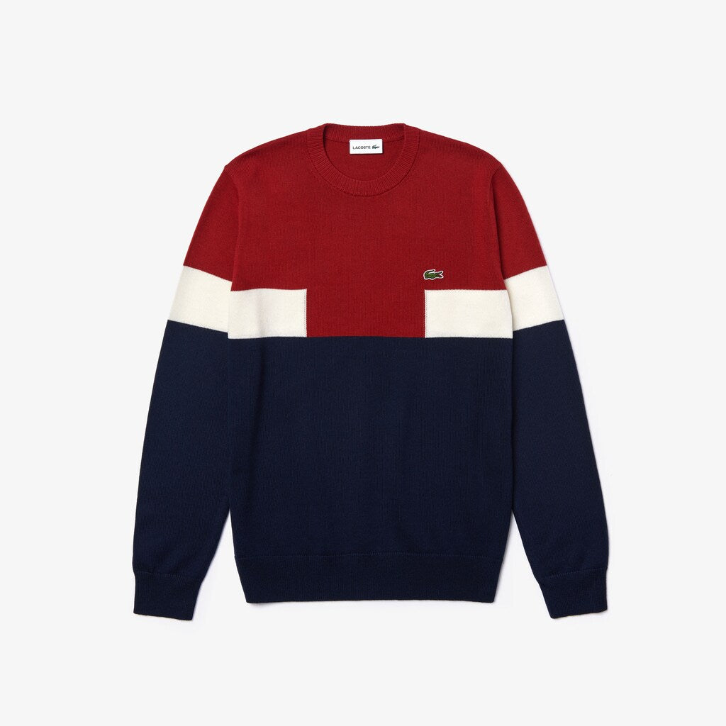 Men's Crew Neck Colorblock Wool And Cotton Blend Sweater / Lacoste