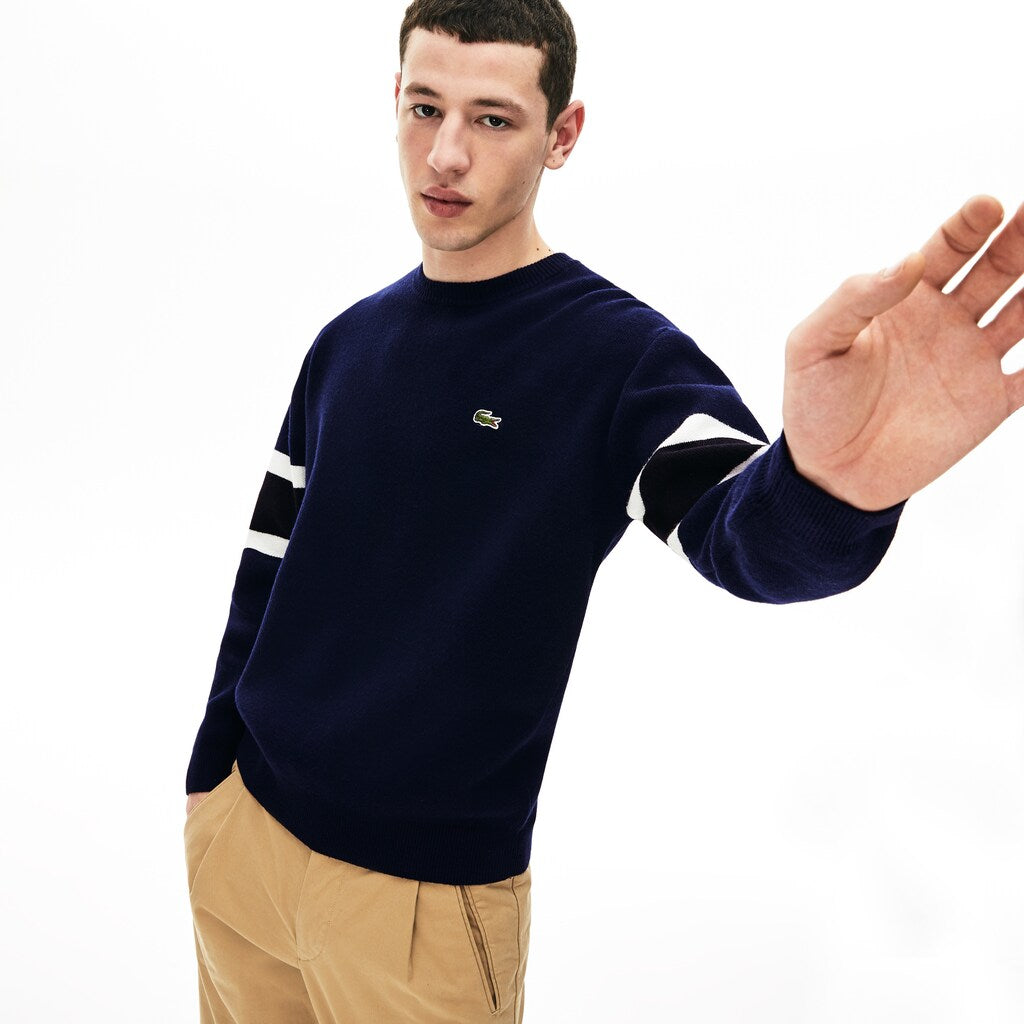 Men's Crewneck Striped-Sleeve Heathered Jacquard Sweater / Lacoste