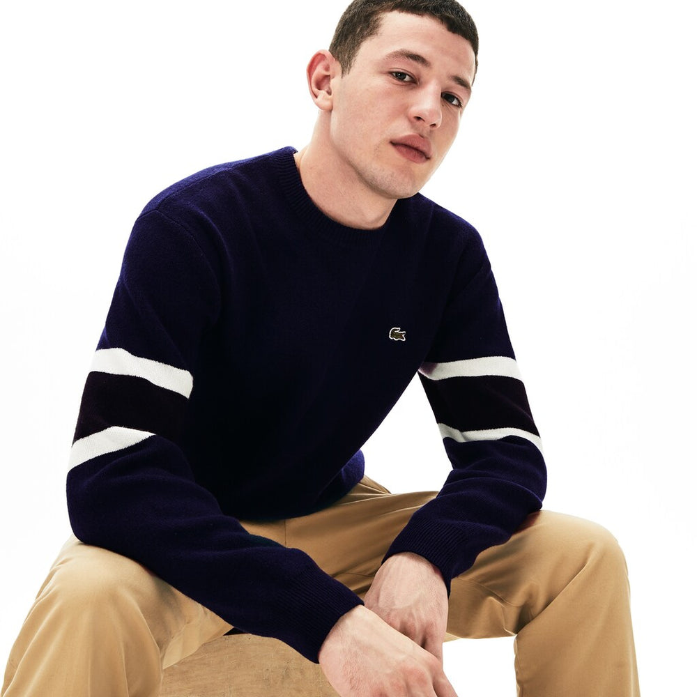 Men's Crewneck Striped-Sleeve Heathered Jacquard Sweater / Lacoste