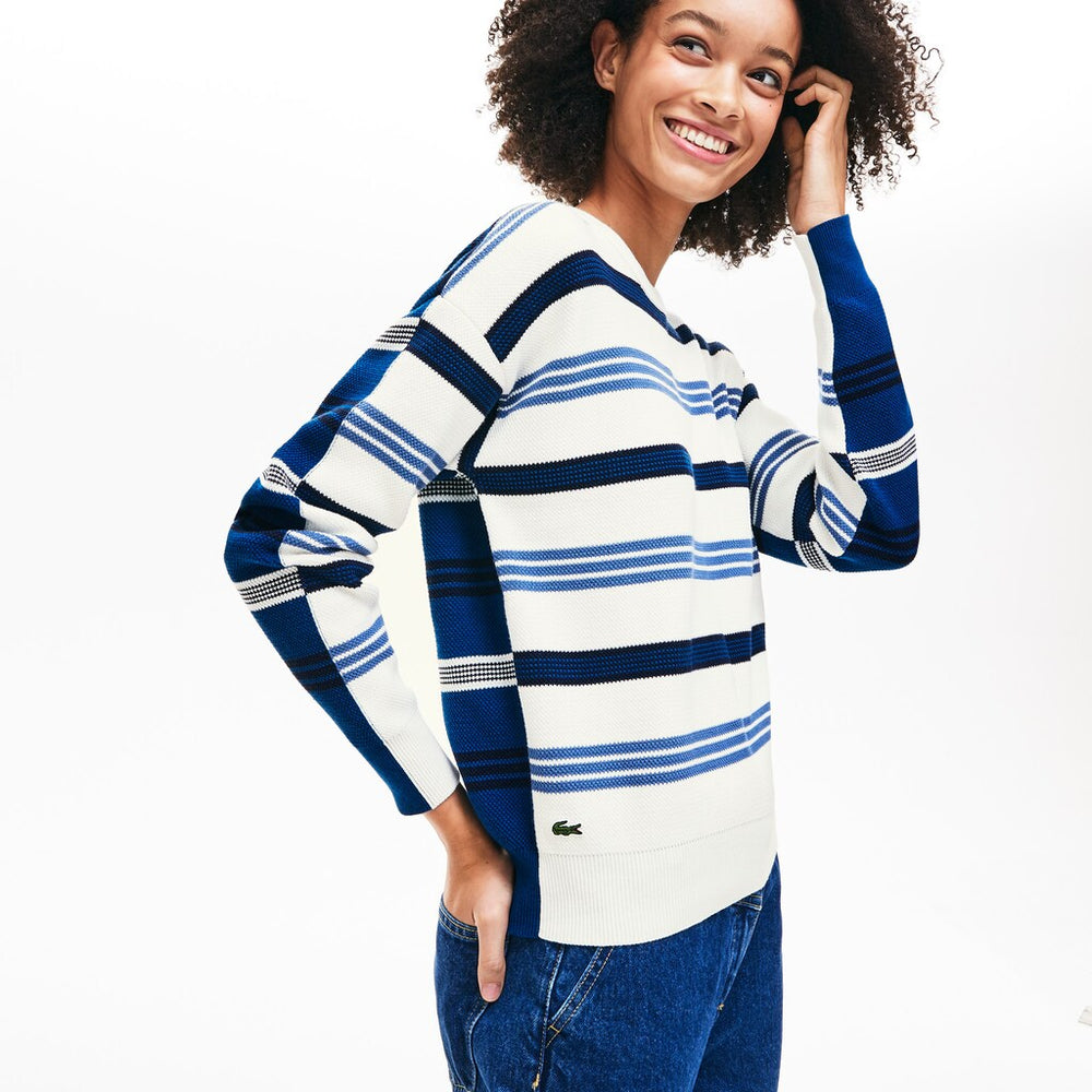 Women's Crewneck Striped Piqué And Jersey Sweater / Lacoste