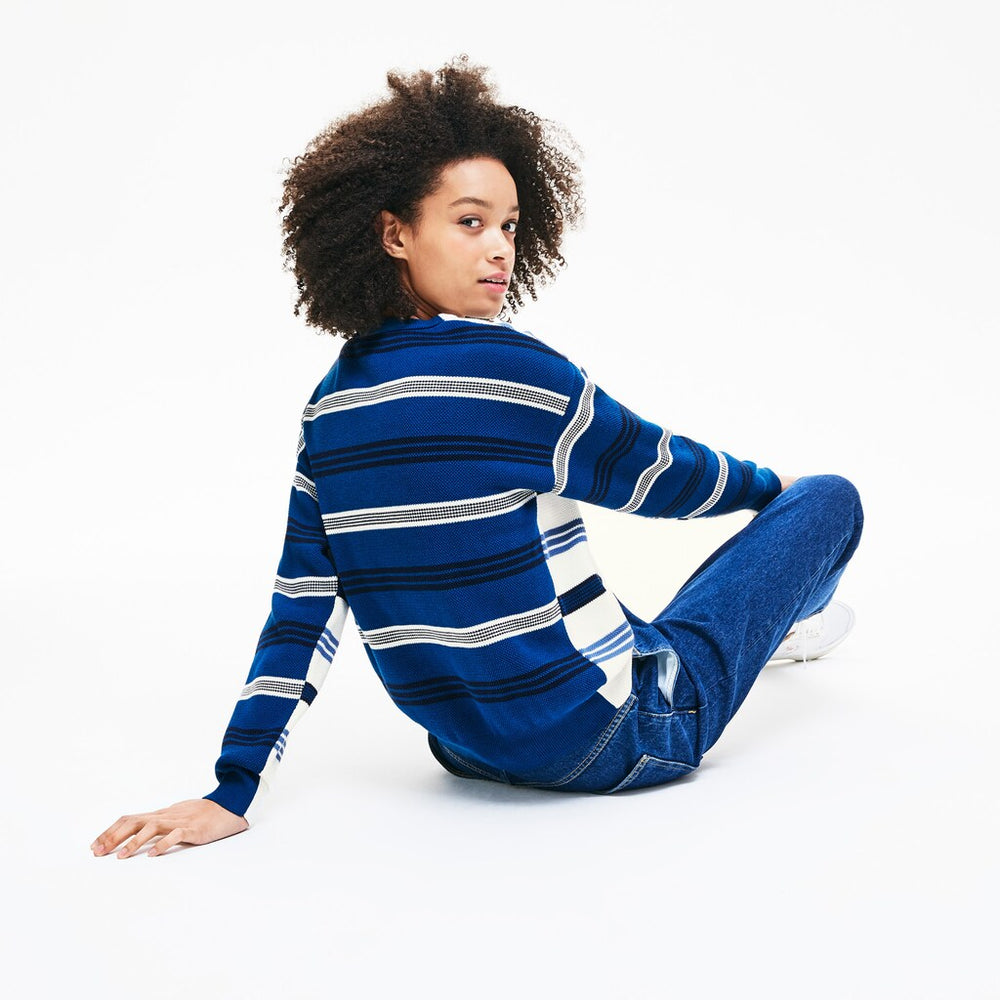 Women's Crewneck Striped Piqué And Jersey Sweater / Lacoste