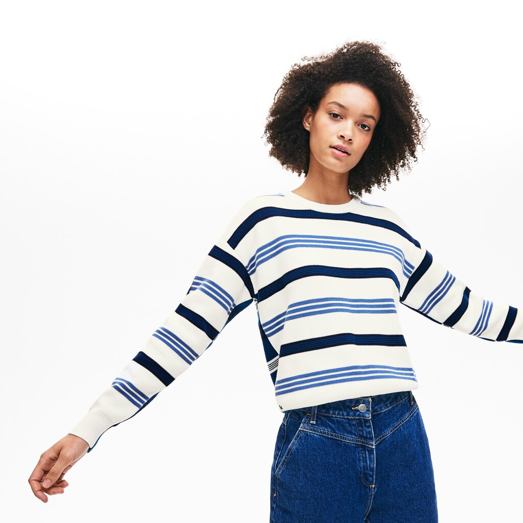 Women's Crewneck Striped Piqué And Jersey Sweater / Lacoste