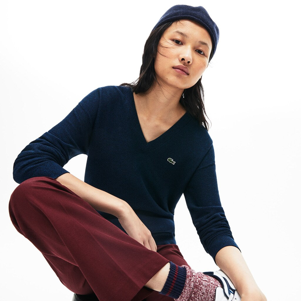 Women's V-Neck Texturized Cotton Sweater / Lacoste