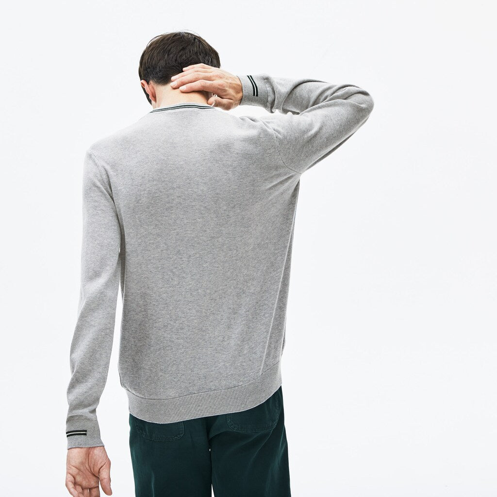 Men's Crewneck Mixed Stich And Striped Cotton Sweater / Lacoste