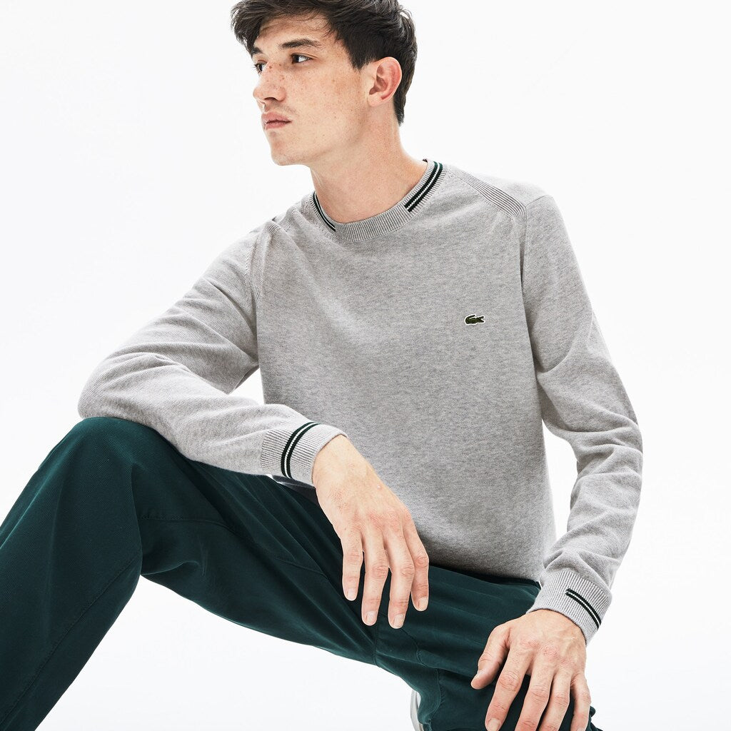Men's Crewneck Mixed Stich And Striped Cotton Sweater / Lacoste