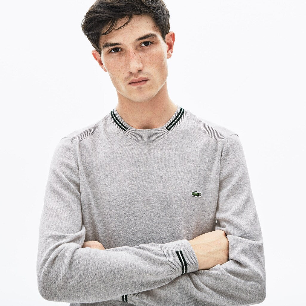 Men's Crewneck Mixed Stich And Striped Cotton Sweater / Lacoste