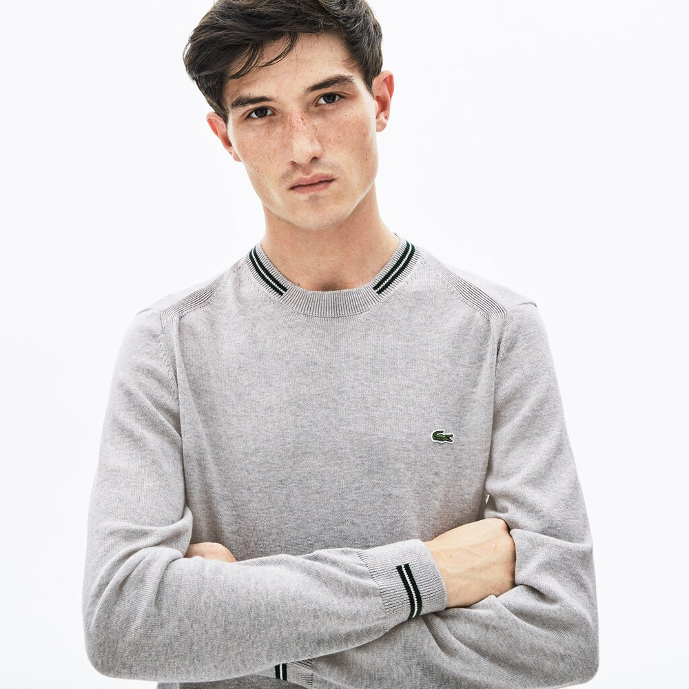 Men's Crewneck Mixed Stich And Striped Cotton Sweater / Lacoste