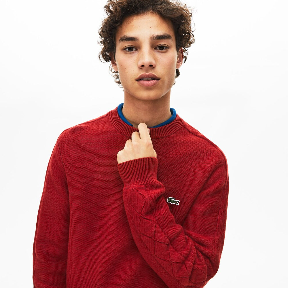 Men's Crewneck Quilted-Sleeve Cotton Piqué Sweater / Lacoste