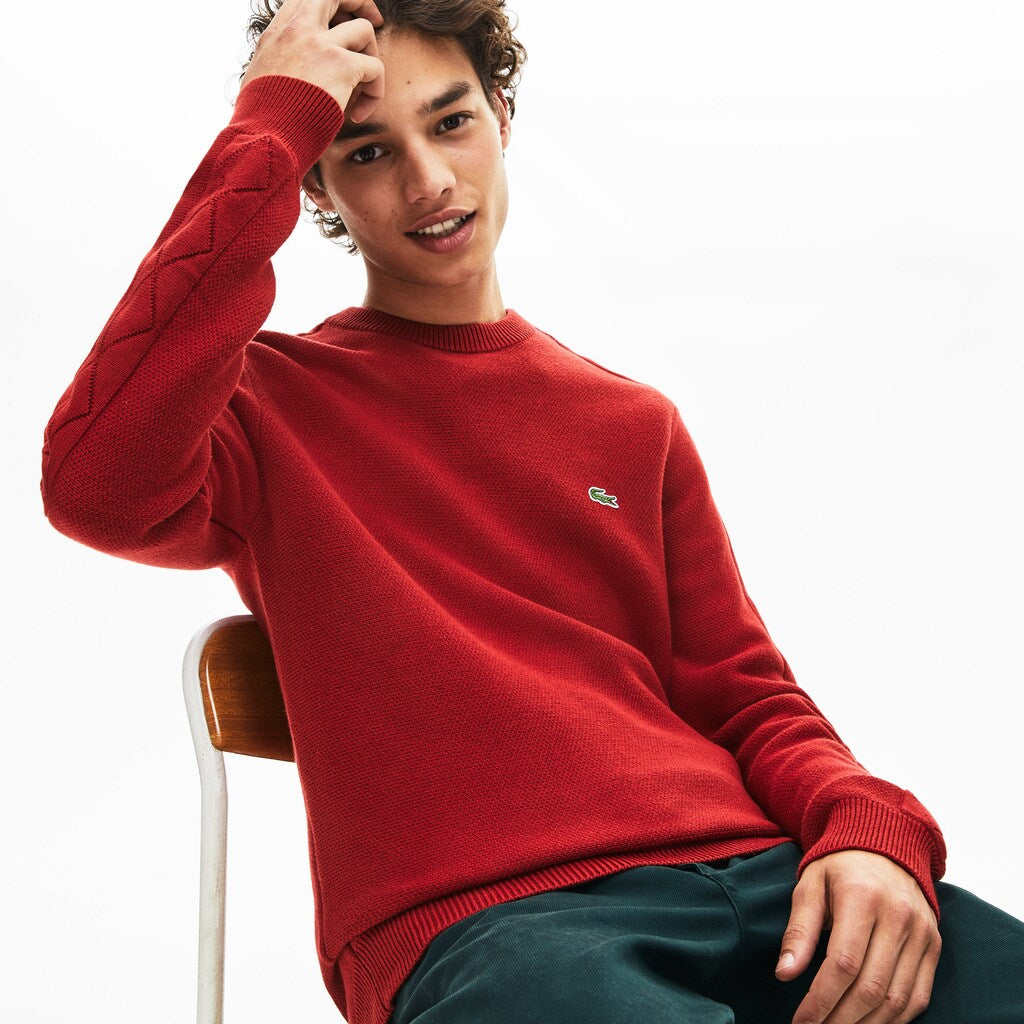 Men's Crewneck Quilted-Sleeve Cotton Piqué Sweater / Lacoste