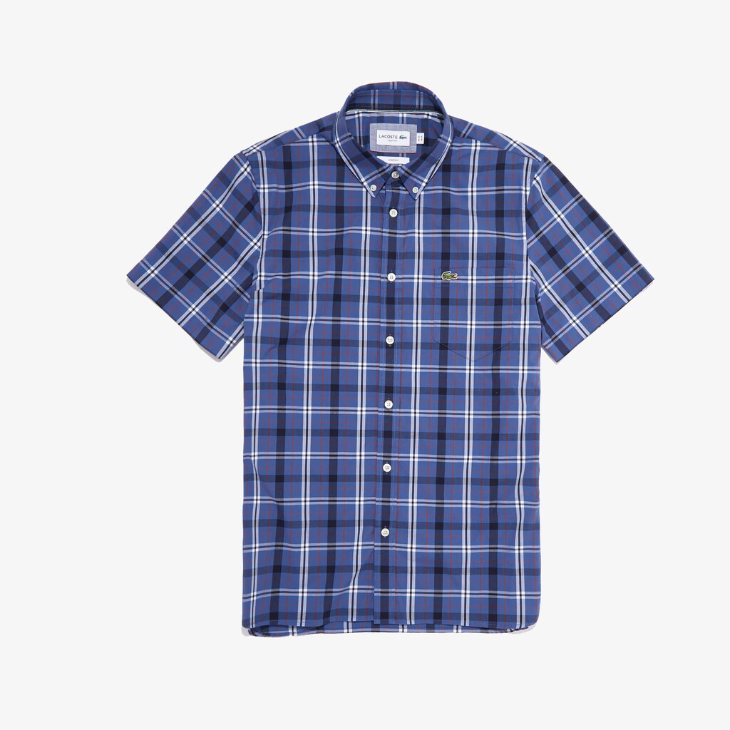 Men's Short Sleeve Stretch Plaid Poplin Shirt / Lacoste