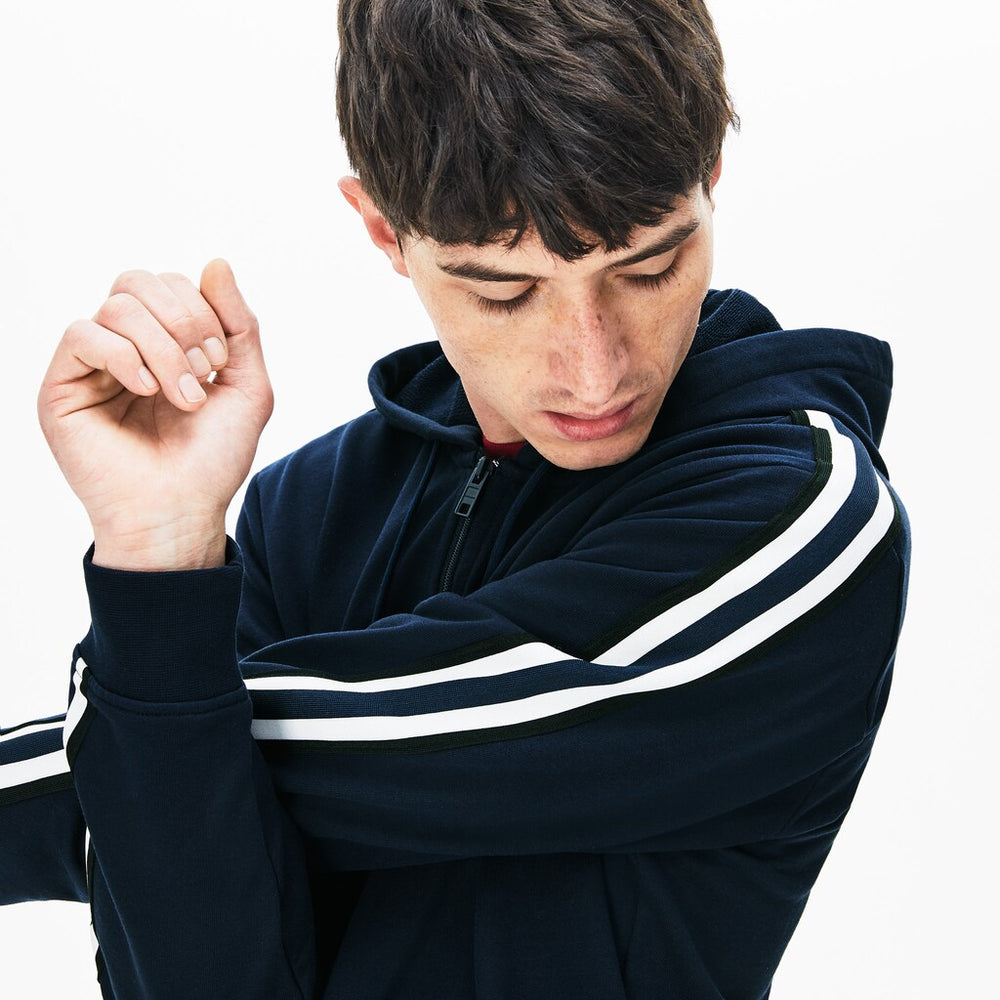 Men's Striped-Sleeve Hooded Zip Fleece Sweatshirt / Lacoste