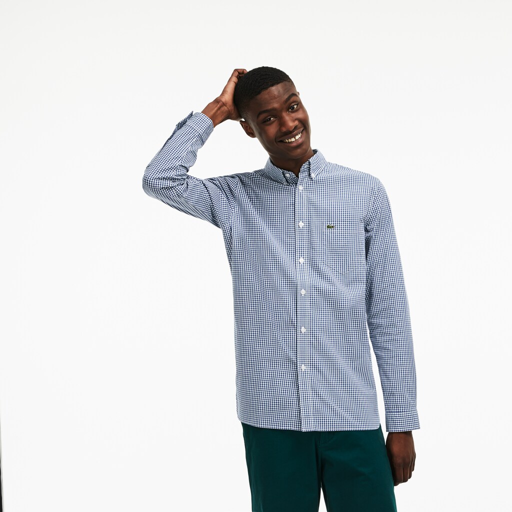 Men's Slim Fit Gingham Stretch Cotton Poplin Shirt / Lacoste