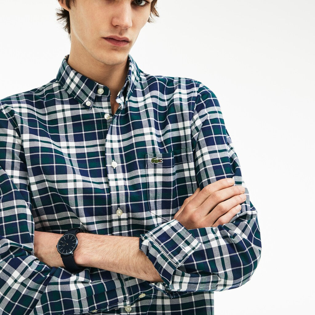 Men's Slim Fit Check Stretch Oxford Cotton Shirt / Lacoste
