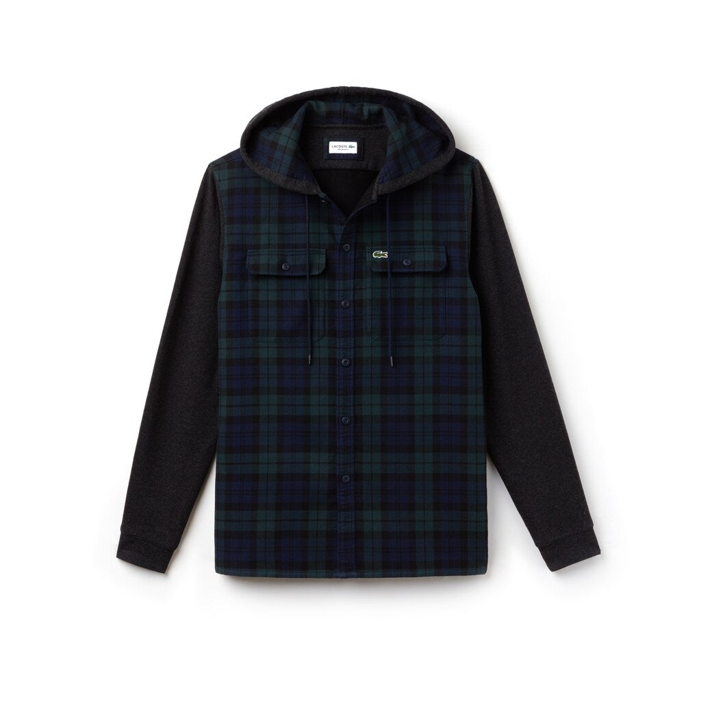 Men's Regular Fit Hooded Check Cotton Flannel Shirt / Lacoste