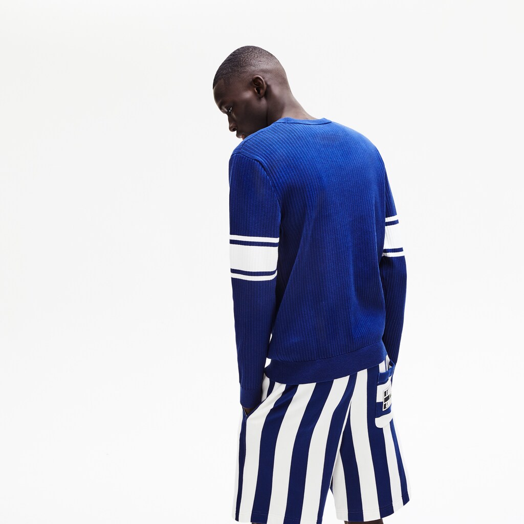 Men's Striped Sleeves Cotton And Linen Blend Crew Neck Sweater / Lacoste
