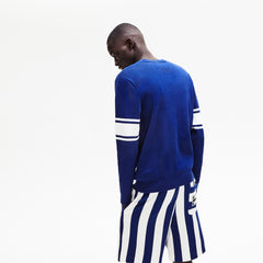 Men's Striped Sleeves Cotton And Linen Blend Crew Neck Sweater / Lacoste