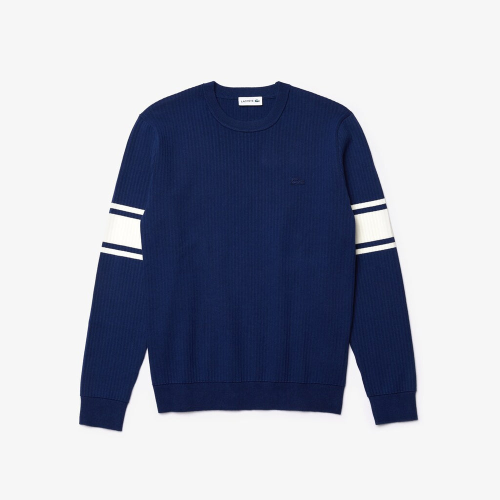 Men's Striped Sleeves Cotton And Linen Blend Crew Neck Sweater / Lacoste