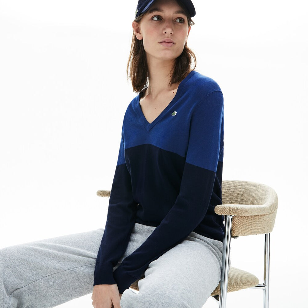 Women's Colorblock Cotton V-neck Sweater / Lacoste