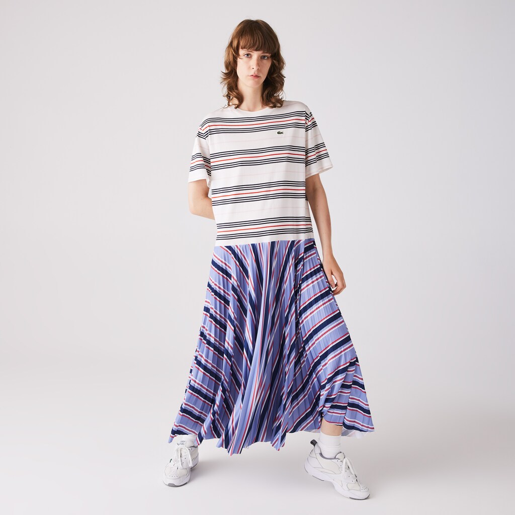 Women's Dissimilar Striped Pleated Jersey T-shirt Dress / Lacoste