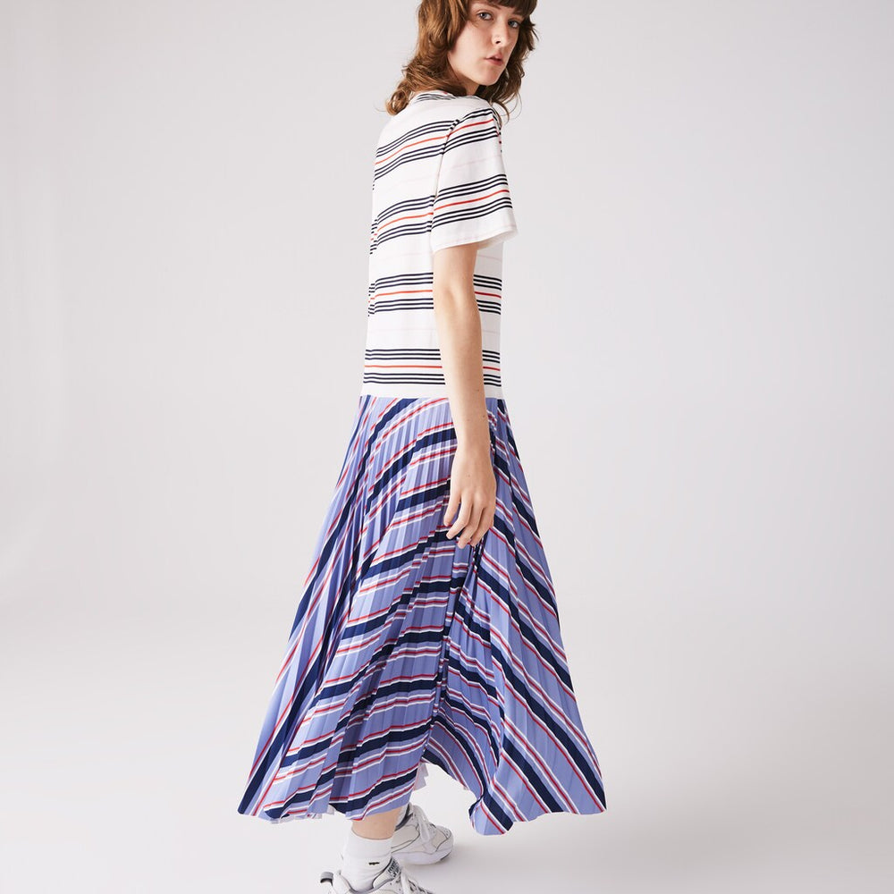 Women's Dissimilar Striped Pleated Jersey T-shirt Dress / Lacoste