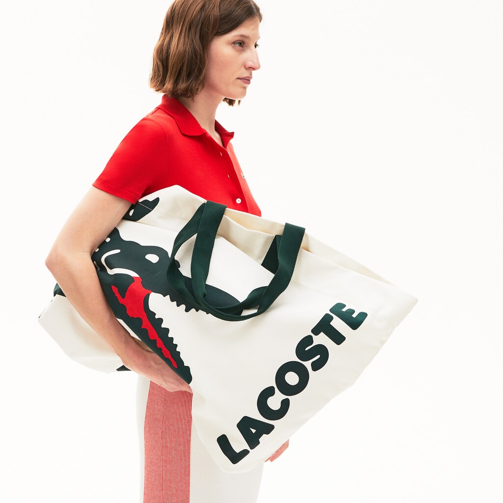 Women's Oversized Crocodile Print Cotton Large Tote / Lacoste